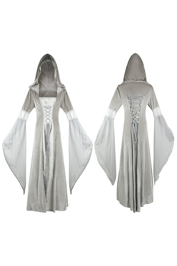 Women Hooded Cape Long Dress Renaissance Medieval Lace Up Corset Steampunk Witch Dresses XS,S,M,L,XL,XXL,XXXL