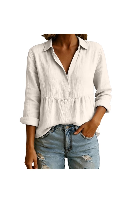 Women Long Sleeve Babydoll Tops Long Sleeve Collared Peplum Blouse Casual Loose Fit Lightweight Lapel Flowy Shirts White XL