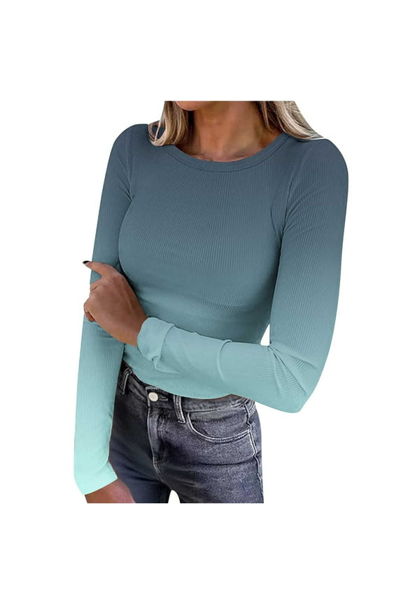 Women Long Sleeve Shirts Ribbed Knit Slim Fit Tops Gradient Color Basic Tee Casual Stretch Crewneck Blouses Underscrubs Layer Clothes
