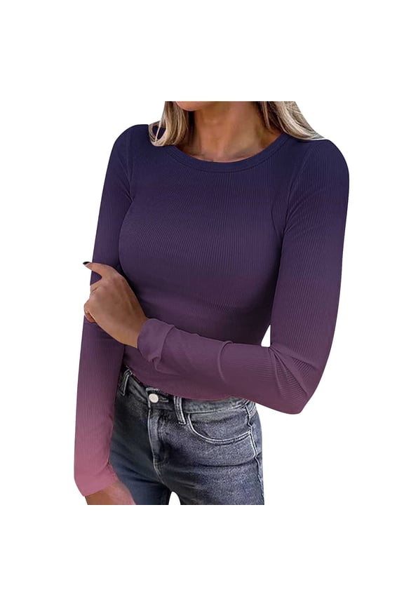 Women Long Sleeve Shirts Ribbed Knit Slim Fit Tops Gradient Color Basic Tee Casual Stretch Crewneck Blouses Underscrubs Layer Clothes
