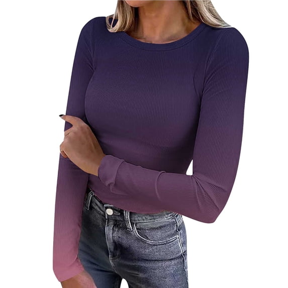 VEKDONE Women Long Sleeve Shirts Ribbed Knit Slim Fit Tops Gradient Color Basic Tee Casual Stretch Crewneck Blouses Underscrubs Layer Clothes