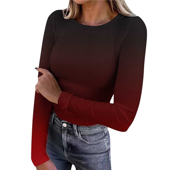 VEKDONE Women Long Sleeve Shirts Ribbed Knit Slim Fit Tops Gradient Color Basic Tee Casual Stretch Crewneck Blouses Underscrubs Layer Clothes