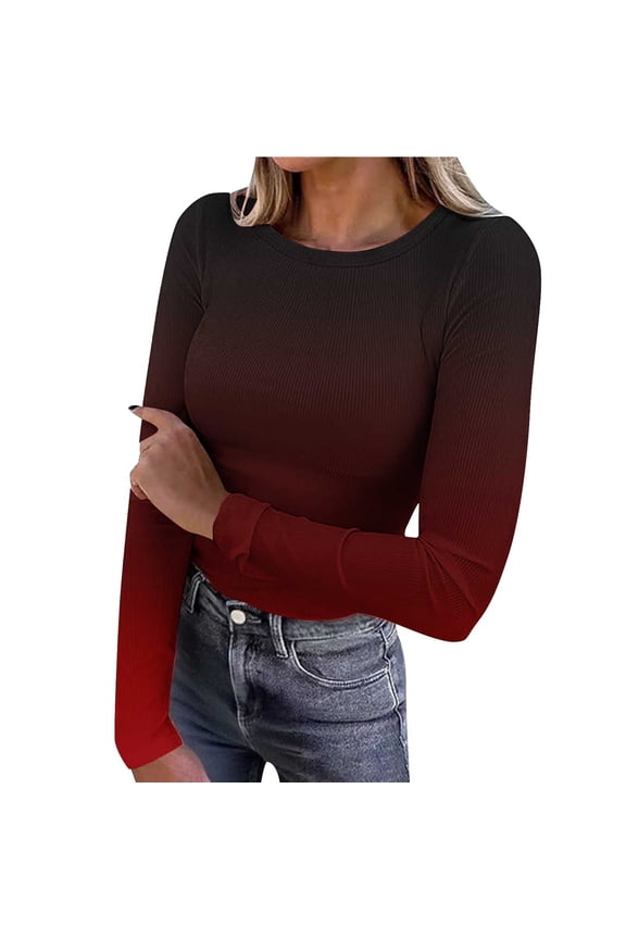 Women Long Sleeve Shirts Ribbed Knit Slim Fit Tops Gradient Color Basic Tee Casual Stretch Crewneck Blouses Underscrubs Layer Clothes