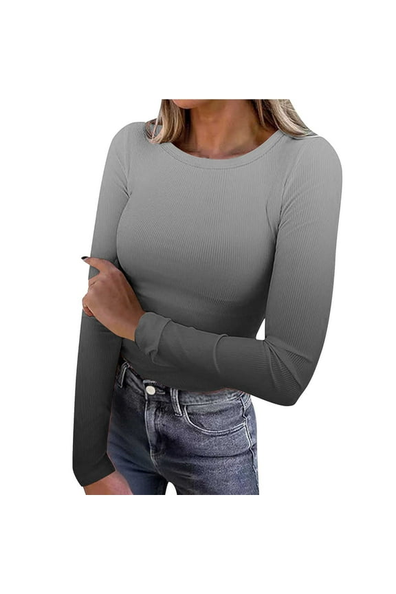 Women Long Sleeve Shirts Ribbed Knit Slim Fit Tops Gradient Color Basic Tee Casual Stretch Crewneck Blouses Underscrubs Layer Clothes