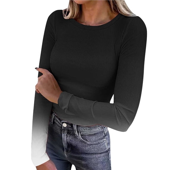 VEKDONE Women Long Sleeve Shirts Ribbed Knit Slim Fit Tops Gradient Color Basic Tee Casual Stretch Crewneck Blouses Underscrubs Layer Clothes