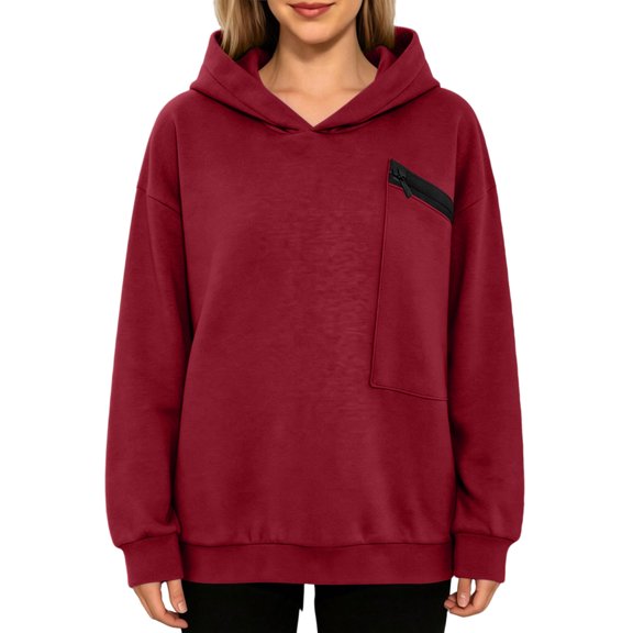 VEKDONE Women Oversized Hoodies Drop Shoulder Long Sleeve Loose Fit Pullover Sweatshirts with Zip Pocket Solid Color Lightweight Thin Fleece Hooded Sweatshirt Wine S