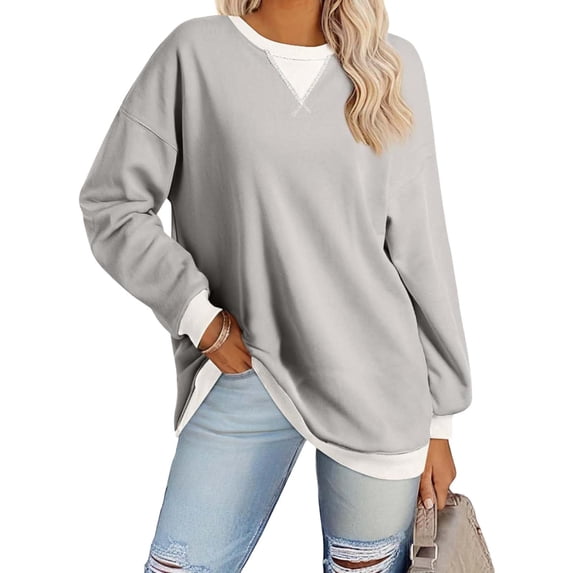 VEKDONE Women Oversized Long Sleeve Sweatshirt Color Block Crew Neck Pullover Sweatshirts Casual Loose Fit Lightweight Tops for Daily Wear Gray XXXL