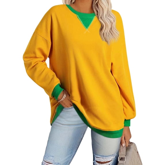 VEKDONE Women Oversized Long Sleeve Sweatshirt Color Block Crew Neck Pullover Sweatshirts Casual Loose Fit Lightweight Tops for Daily Wear Orange M