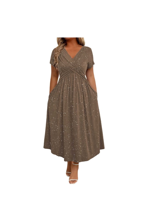 Women Plus Size Formal Dresses Short Sleeve V Neck Wrap Cocktail Dress with Pockets Solid Color Glitter A-Line Dress Party Fashion Maxi Dress Coffee XXXL