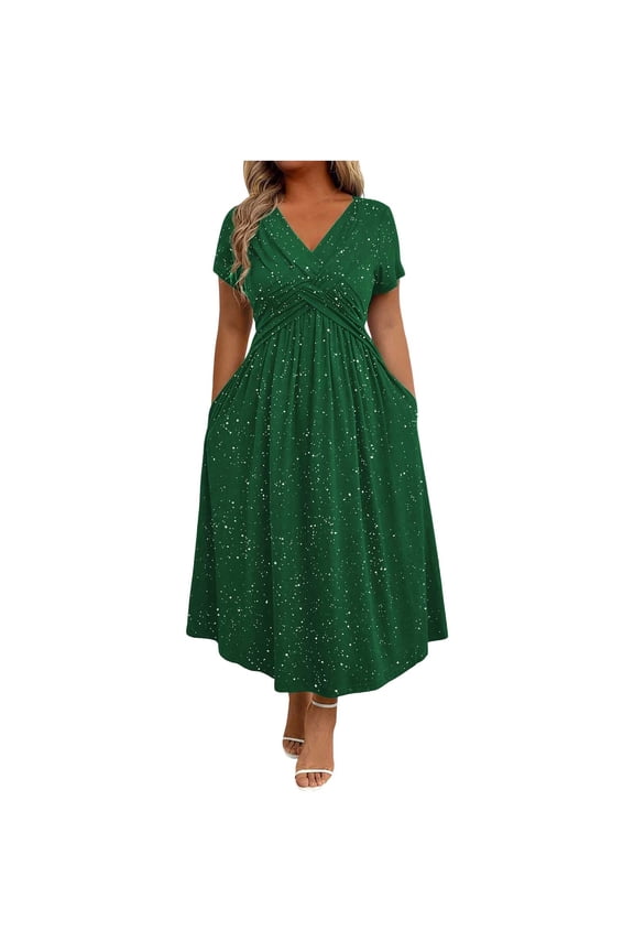 Women Plus Size Formal Dresses Short Sleeve V Neck Wrap Cocktail Dress with Pockets Solid Color Glitter A-Line Dress Party Fashion Maxi Dress Green XXL