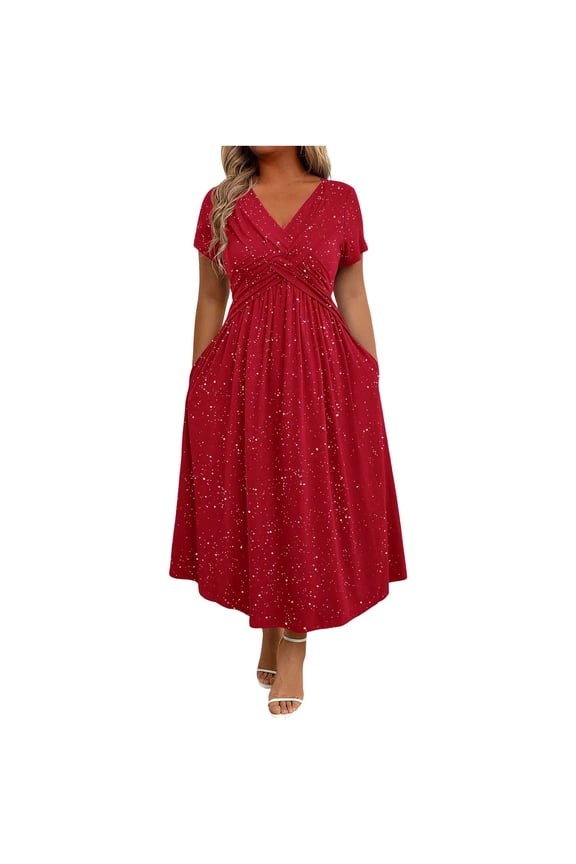 Women Plus Size Formal Dresses Short Sleeve V Neck Wrap Cocktail Dress with Pockets Solid Color Glitter A-Line Dress Party Fashion Maxi Dress Red XXXL