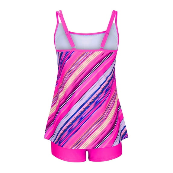 VEKDONE Women'S Conservative Tankini SwimsuitPlus Size Tankini Swimsuits for Women 2 Piece Bathing Suits Stripes Printed Tank Top with Boyshorts Tummy Control Swimming Suits Hot Pink,S