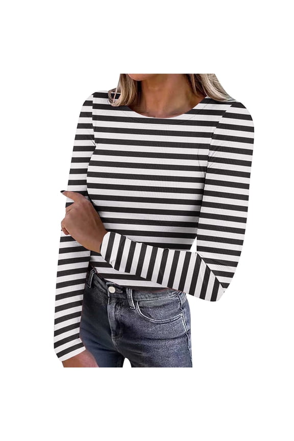 Women Stripe Shirts Ribbed Knit Slim Fit Tops Long Sleeve Basic Tee Casual Stretch Crewneck Blouses Underscrubs Layer Clothes