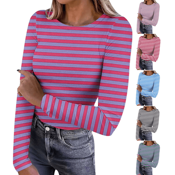 VEKDONE Women Stripe Shirts Ribbed Knit Slim Fit Tops Long Sleeve Basic Tee Casual Stretch Crewneck Blouses Underscrubs Layer Clothes