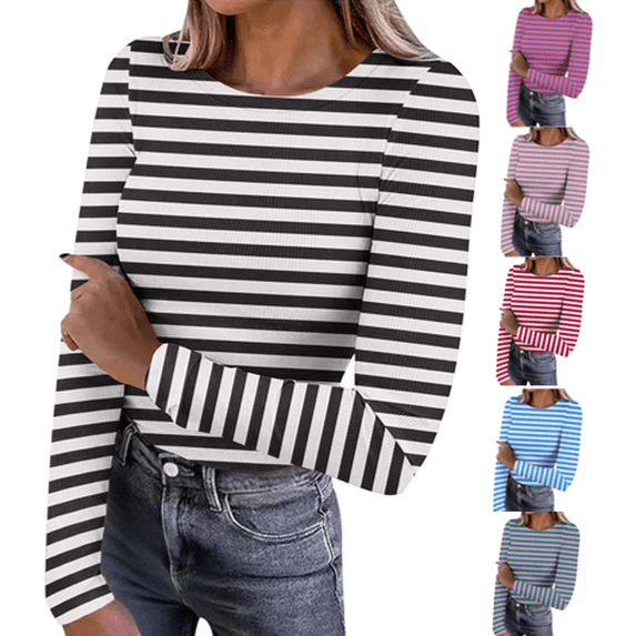 VEKDONE Women Stripe Shirts Ribbed Knit Slim Fit Tops Long Sleeve Basic Tee Casual Stretch Crewneck Blouses Underscrubs Layer Clothes