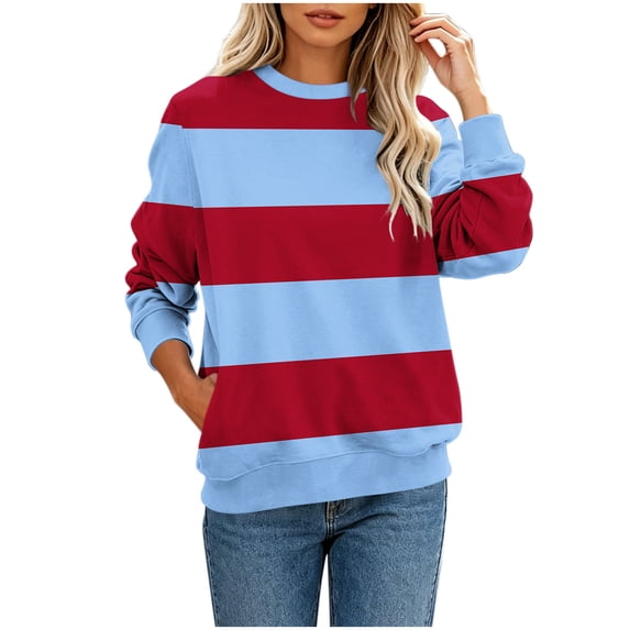 VEKDONE Women Striped Color Block Sweatshirt Trendy Long Sleeve Crewneck Loose Fit Pullover Tops Casual Lightweight Shirt with Pockets Blue S
