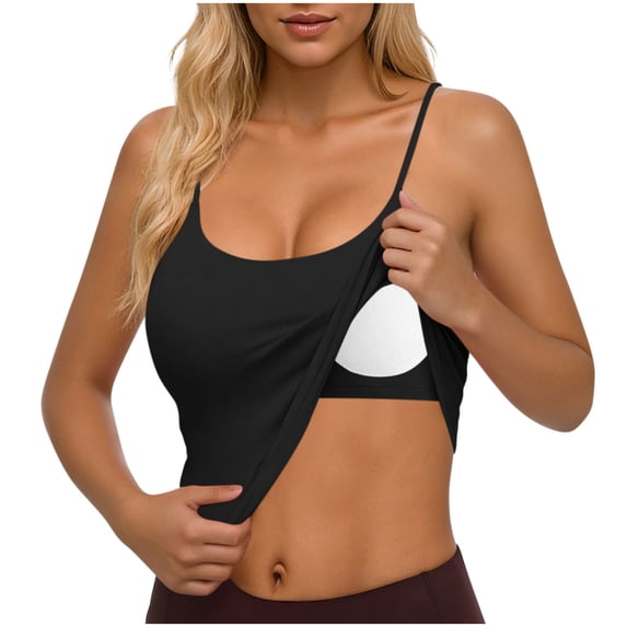 VEKDONE Women Tank Tops with Built in Bras Summer Double Lined Spaghetti Strap Cami Shirt Racerback U Neck Workout Tank Tops Cropped Tanks Black XL