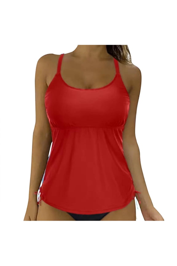 Women Tankini Swim Tank Tops Stretch Tummy Control Swimsuits Solid Color Slim Fit Tunic Camisole Casual Pleated Flowy Side Drawstring Blouses Wine L