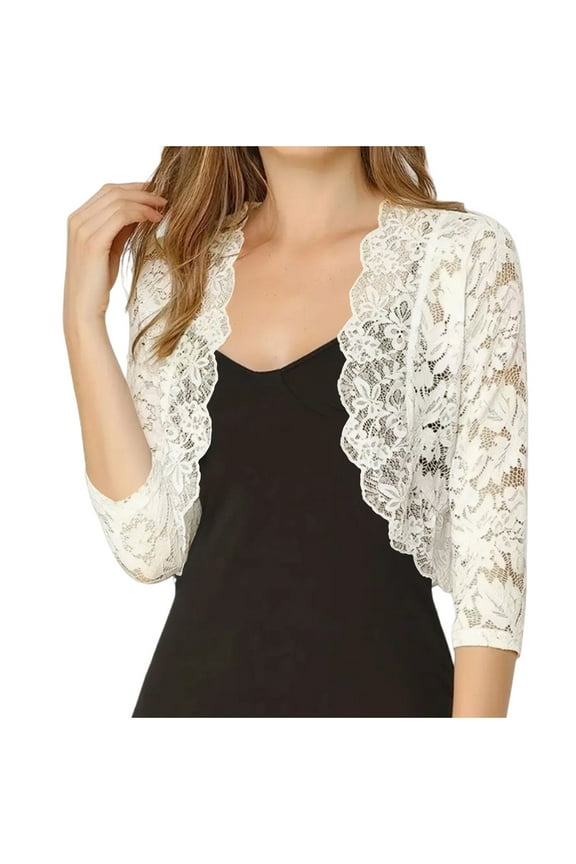 Women's 3/4 Sleeve Sheer Floral Lace Bolero Shrug Top Cardigan Summer Lace Hollow Out Lightweight Shawl for Business Party