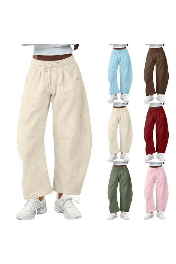 Women's Barrel Leg Sweatpants Baggy Drawstring Wide Leg Pants Casual Lightweight Thin Fleece Lounge Sweat Pants with Pockets