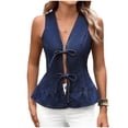 thumbnail image 1 of VEKDONE Women's Bow Tie Front Denim Vest Solid Color V Neck Ruffle Hem Tank Tops Western Sleeveless Jean Tanks Outerwear Dark Blue L, 1 of 7