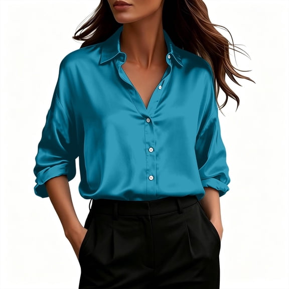 VEKDONE Women's Button Down Satin Blouses, Elegant Lapel Loose Fit Blouse Long Sleeve Business Casual Office Shirts Solid Color Tops Blue XXXL
