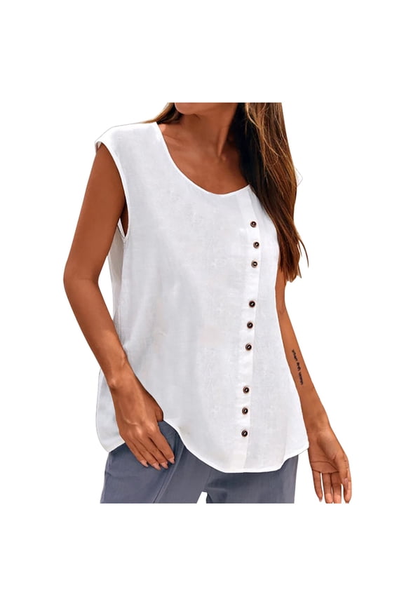 Women's Button Shirts Tank Tops Summer Sleeveless Crewneck Lounge Tanks Solid Color Loose Lightweight Tunics Tops White 3X-Large