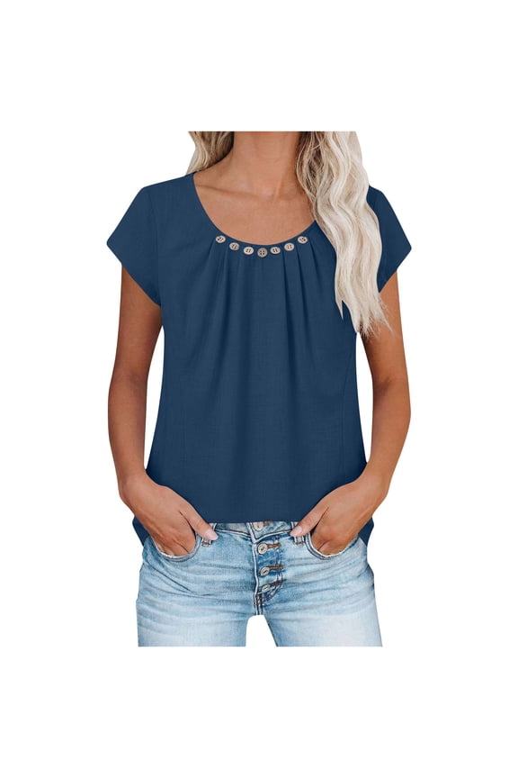 Women's Cap Sleeve T Shirt Button Crewneck Pleated Blouse Summer Cotton Linen Loose Fit Tunic Tops Solid Color Swing Pullover Top Navy L