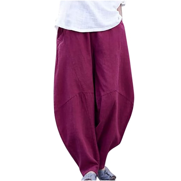 VEKDONE Women's Casual Cotton Linen Baggy Pants with Elastic Waist Loose Fit Lighteweight Lantern Trouser Wine XXL