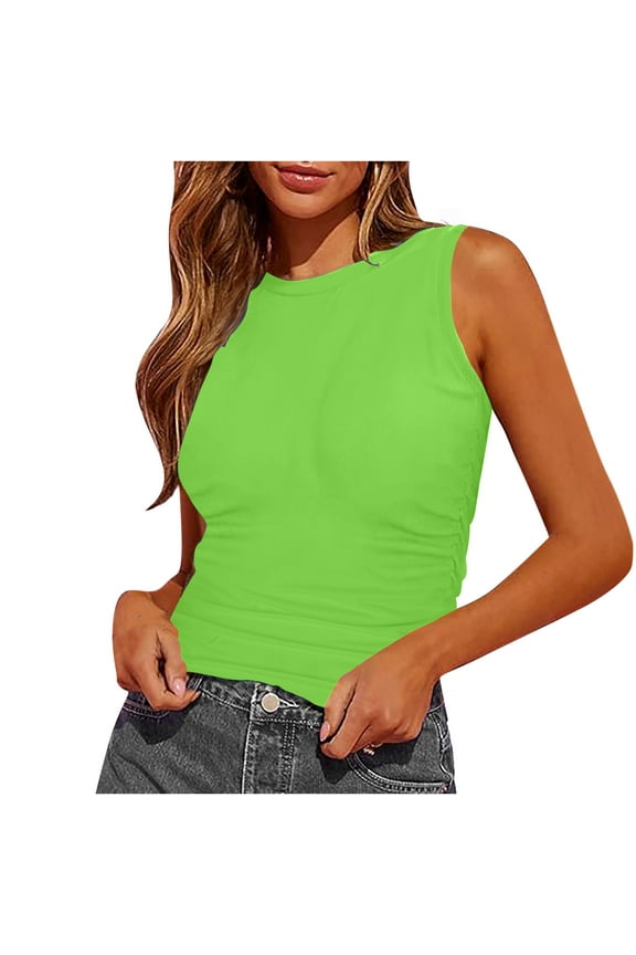 Women's Casual Sleeveless Tank Tops Basic Solid Color Milk Silk Tunics Tops Summer Crewneck Lightweight Slim Lounge Vests Green Small