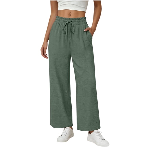 VEKDONE Women's Casual Sweatpants Elastic High Waisted Drawstring Wide Leg Pants Summer Baggy Lounge Long Pants with Pockets Army Green XXL