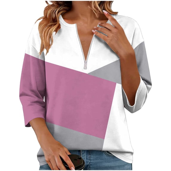 VEKDONE Women's Color Block Tops Half Zip V Neck T Shirts 3/4 Length Sleeve Loose Fit Blouse Summer Fashion Tunic Tops Pink L