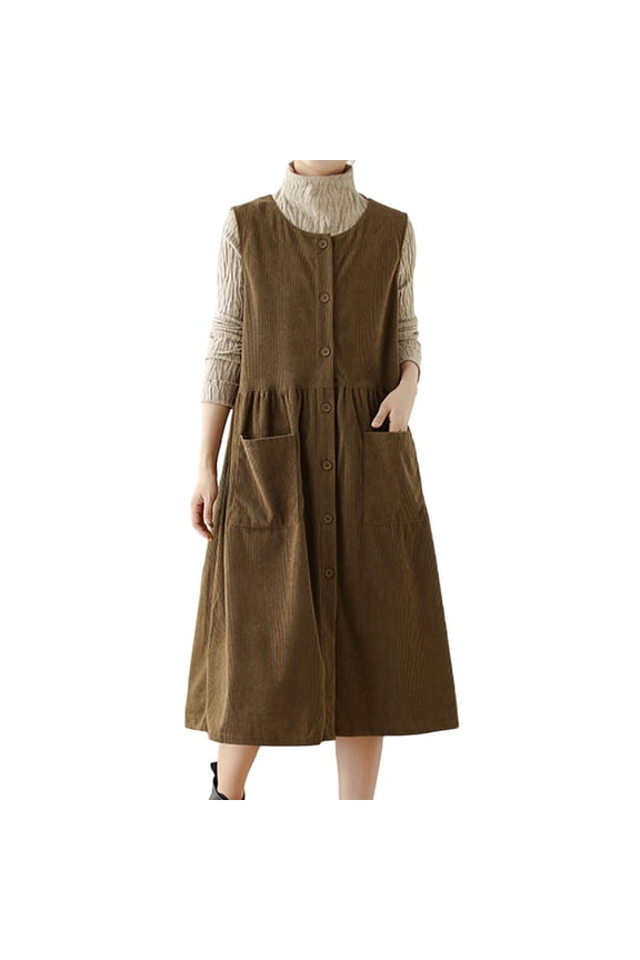 Women's Corduroy Button Down Dress Sleeveless Crewneck Babydoll Tank Dress Over Knee Long Midi Dress with Pockets Khaki XL