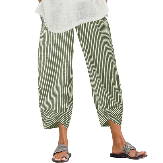 VEKDONE Women's Cotton Harem Pants Summer Elastic High Waist Striped Straight Leg Pants Casual Lightweight Baggy Ankle Pants with Pockets Green XL