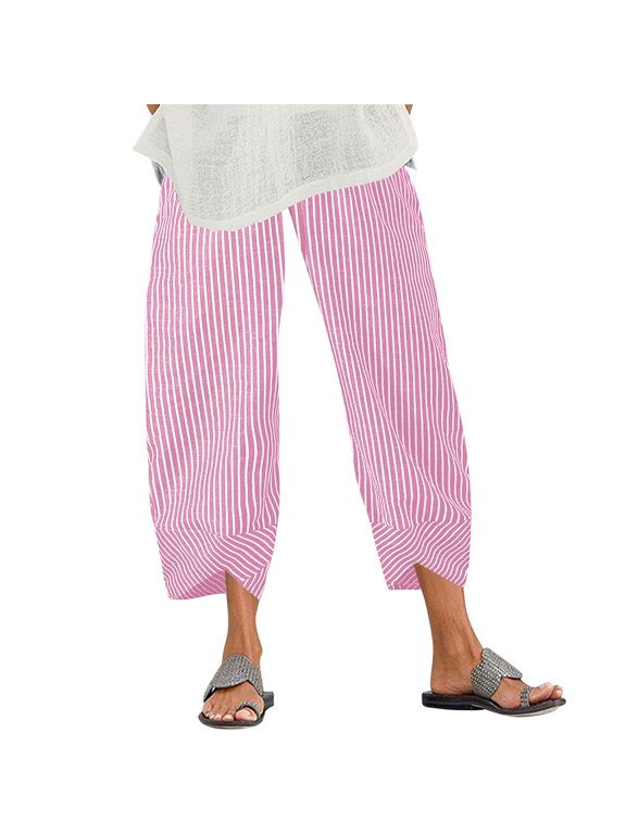 Women's Cotton Harem Pants Summer Elastic High Waist Striped Straight Leg Pants Casual Lightweight Baggy Ankle Pants with Pockets Pink S