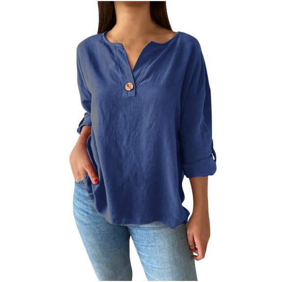 VEKDONE Women's Cotton Linen Blouses Roll Up Long Sleeve Shirts Casual Loose Fit Plus Size V Neck Tops Fall Lightweight Breathable Shirt Tops