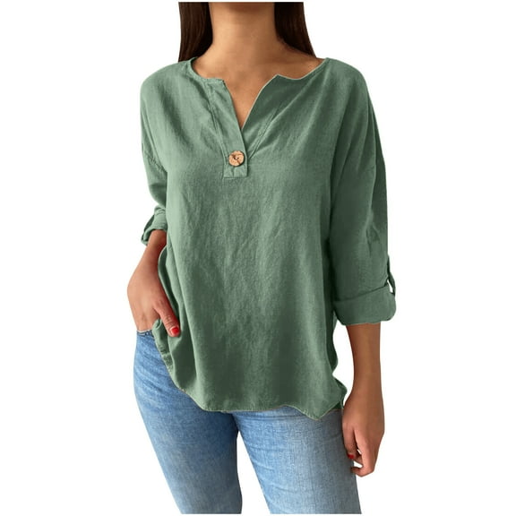 VEKDONE Women's Cotton Linen Blouses Roll Up Long Sleeve Shirts Casual Loose Fit Plus Size V Neck Tops Fall Lightweight Breathable Shirt Tops