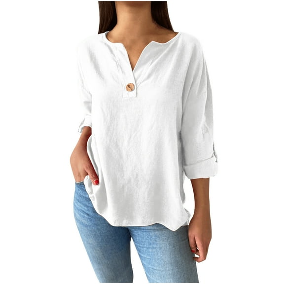 VEKDONE Women's Cotton Linen Blouses Roll Up Long Sleeve Shirts Casual Loose Fit Plus Size V Neck Tops Fall Lightweight Breathable Shirt Tops