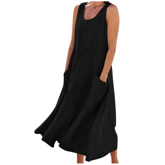 VEKDONE Women's Cotton Linen Dress Casual Loose Fit Sleeveless Long Dress Plain Flowy Tank Dress Solid Color Baggy Maxi Dresses with Pockets Black XL