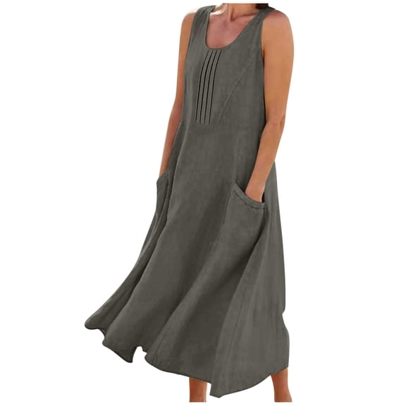 VEKDONE Women's Cotton Linen Dress Casual Loose Fit Sleeveless Long Dress Plain Flowy Tank Dress Solid Color Baggy Maxi Dresses with Pockets Gray S