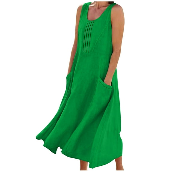 VEKDONE Women's Cotton Linen Dress Casual Loose Fit Sleeveless Long Dress Plain Flowy Tank Dress Solid Color Baggy Maxi Dresses with Pockets Green S