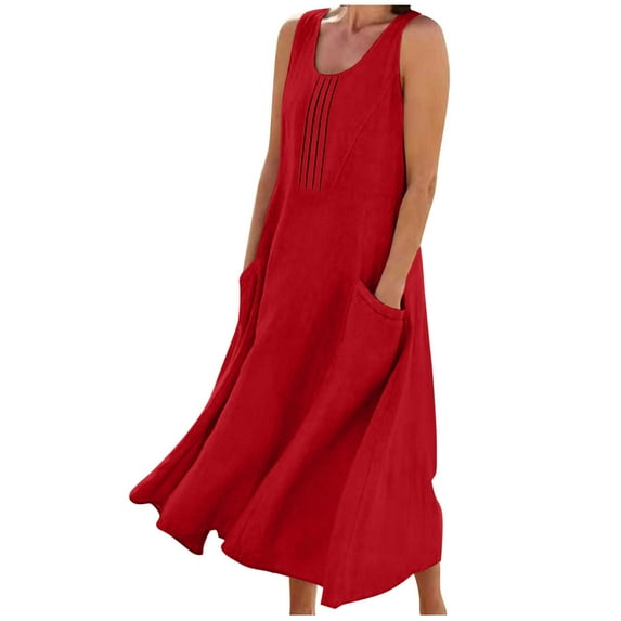 VEKDONE Women's Cotton Linen Dress Casual Loose Fit Sleeveless Long Dress Plain Flowy Tank Dress Solid Color Baggy Maxi Dresses with Pockets Red XL