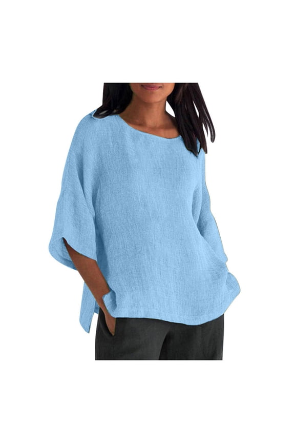 Women's Cotton Linen Gauze Tshirts Summer Half Sleeve Crewneck Peasant Blouse Loose Fit Plus Size Lounge Shirts Solid Color Side Slit Tunics Tops