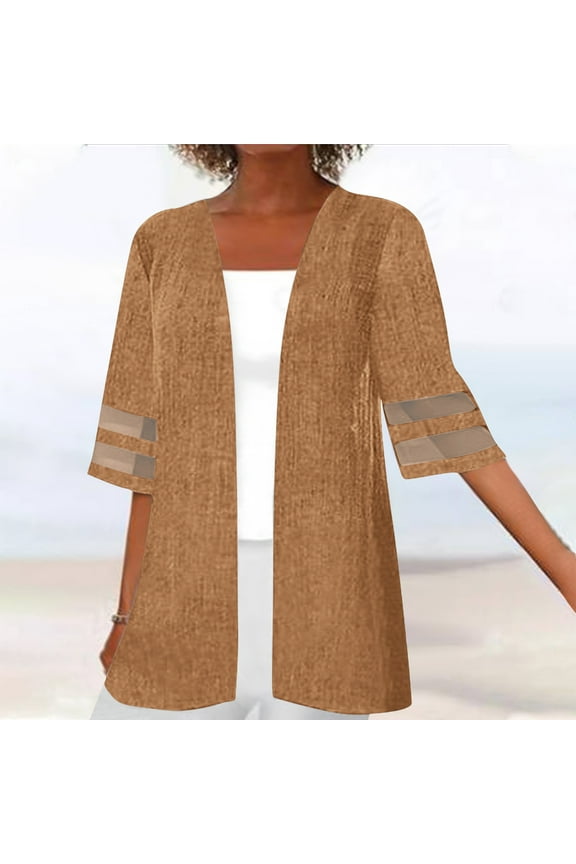 Women's Cotton Linen Lightweight Kimono Cardigans Half Sleeve Plus Size Cardigan Long Bikini Cover Ups Linen Shirts For Women Coffee XL