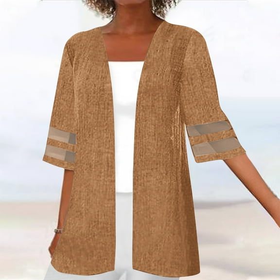 VEKDONE Women's Cotton Linen Lightweight Kimono Cardigans Half Sleeve Plus Size Cardigan Long Bikini Cover Ups Linen Shirts For Women Coffee XXXL