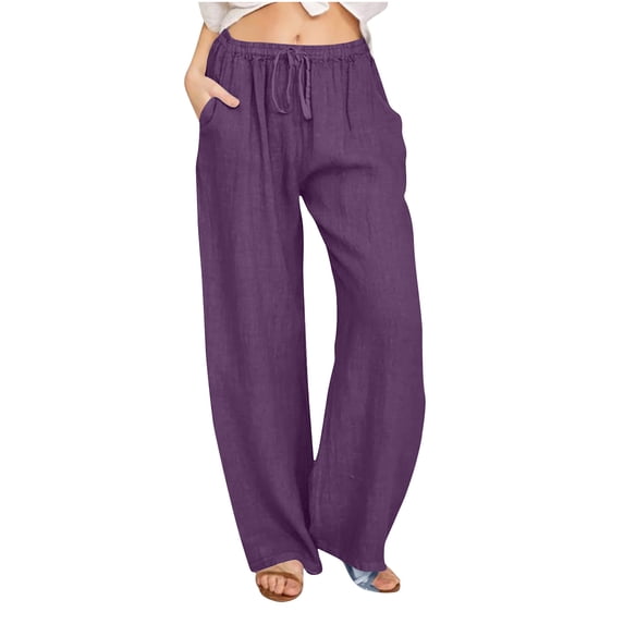 VEKDONE Women's Cotton Linen Long Pants Summer High Waisted Drawstring Straight Trousers Solid Color Loose Fit Wide Leg Pants with Pockets Lounge Pant Today's Deals