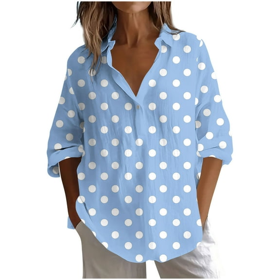 VEKDONE Women's Cotton Linen Tops Long Sleeve Button V-Neck Tunics Polka Dot Print Loose Fit Collared Shirt Fall Trendy Outdoor Plus Size Gauze Blouse