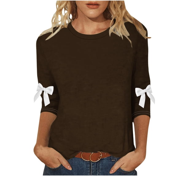 VEKDONE Women's Cute Bow T-Shirt 3/4 Sleeve Crewneck Pullover Casual Loose Fit Lightweight Blouse Solid Color Plus Size Tunic Tops