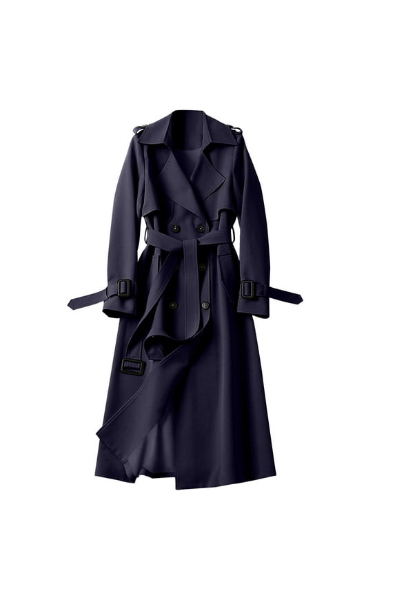 Women's Double Breasted Long Trench Coat Belted Notch Lapel Overcoat Windproof Classic Outerwear Dressy Business Office Pea Coat