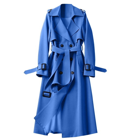 VEKDONE Women's Double Breasted Long Trench Coat Belted Notch Lapel Overcoat Windproof Classic Outerwear Dressy Business Office Pea Coat